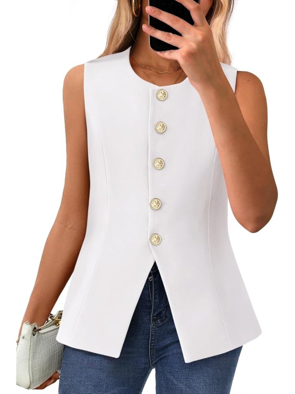 Women's White Summer Sleeveless Blazer Vest Dressy Button Down Round Neck Outfit
